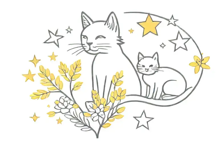 Mimosa Flowers And Cat With Stars