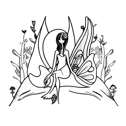 A Minimalist Tattoo Of A Mystical Fairy Sitting On A Mushroom In A Whimsical Forest