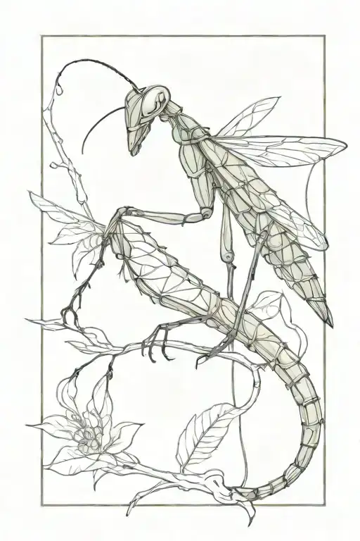 Praying Mantis On A Vine Line Drawing Style