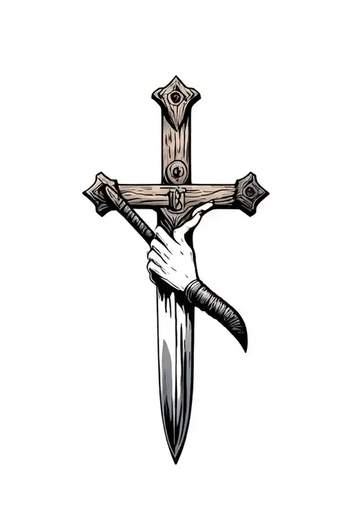 Sword And Hand Plow With A Crucifix Wooden Cross