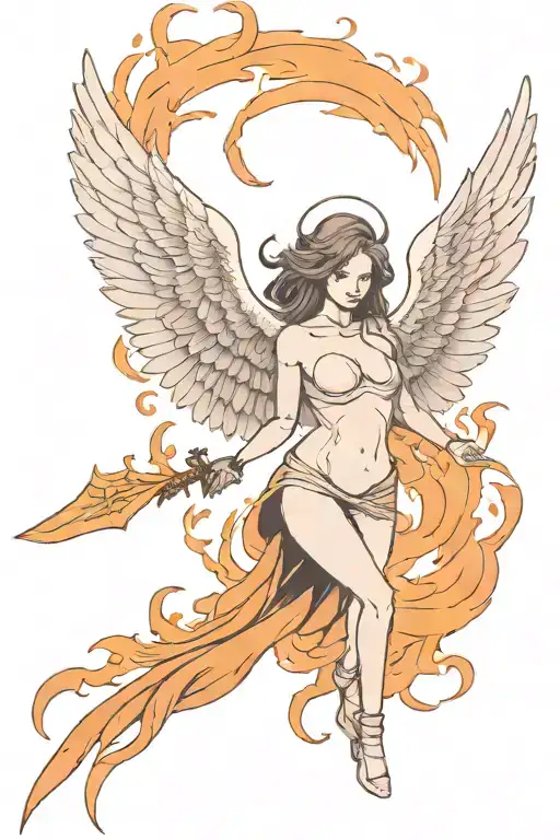 Half Phoenix Half Female Angel Rising From Fire Holding Dagger