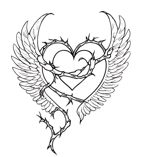 Heart With Rose Thorns Wrapping Wings Around Yin