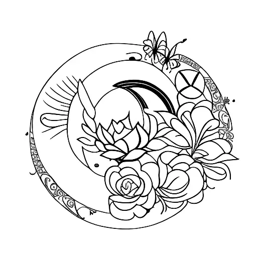 Phases Of The Moon With Flowers And Butterflies And Straight Lines