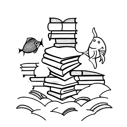 A Minimalist Tattoo Of A Bookshelf Filled With Books And A Small Fish Swimming Among Them