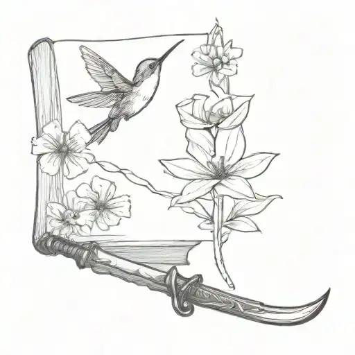 A Simple Sword Piercing Through A Book With Flowers And A Humming Bird