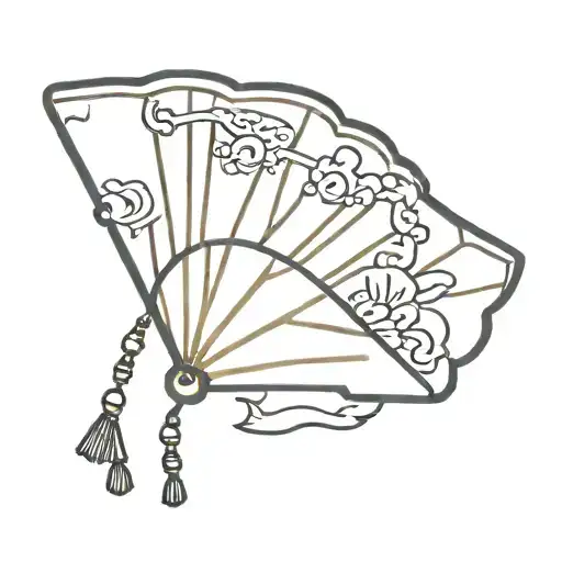 Simple Line Art Chinese Hand Fan With A Rosary Around It