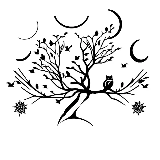 A Silhouette Of A Cat And A Cockatiel Perched On A Branch Under A Crescent Moon