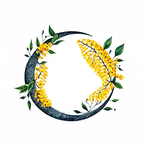 Crescent Moon With Mimosa Flowers Wrapping Around It