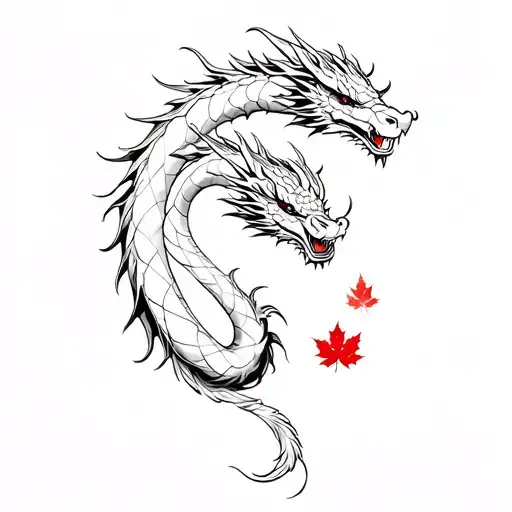 Fine Line Black Japanese Dragon Slithering Long Towering Over Samurai Red Highlights And Maple Leafs