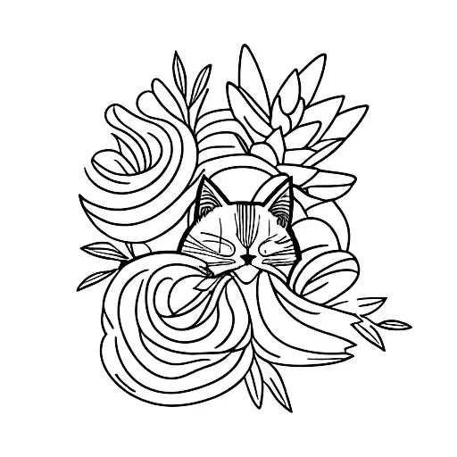A Minimalist Tattoo Of A Cat Sleeping On A Bed Of Strelitzia Flowers