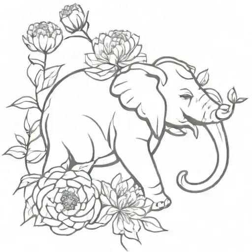 Peony Flowers Blooming Next To Elephant