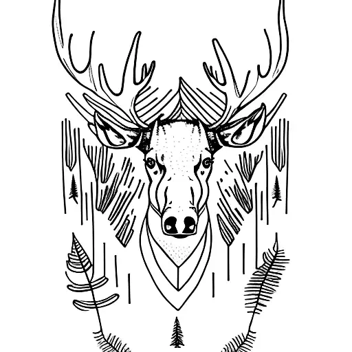 A Minimalist Tattoo Of A Moose In A Serene Forest Setting
