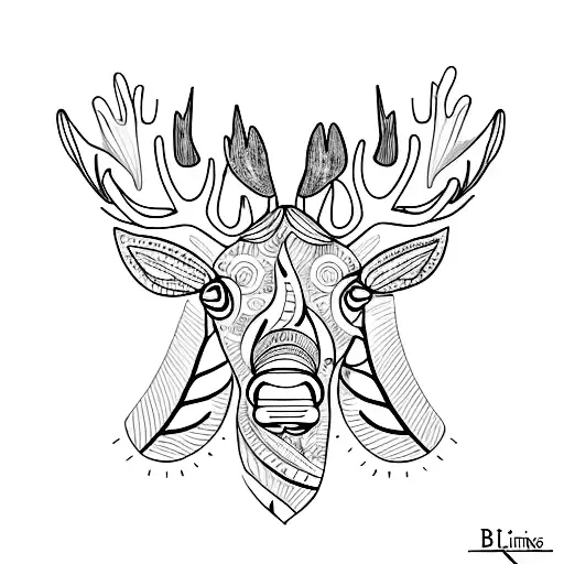 A Minimalist Tattoo Of A Moose's Head With Delicate Floral Elements Incorporated
