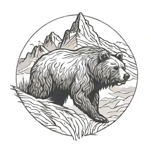Roaring Grizzly Bear Head With Mountains In The Background