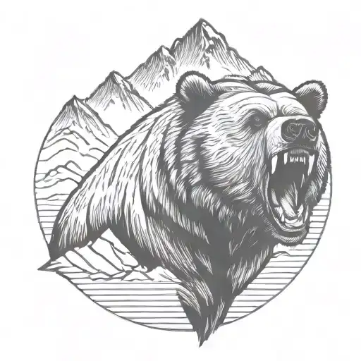 Roaring Grizzly Bear Head With Mountains In The Background