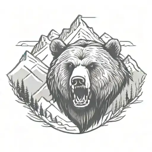 Roaring Grizzly Bear Head With Mountains In The Background