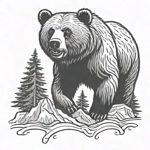 Grizzly Bear Charging And Roaring In The Forrest And Mountains