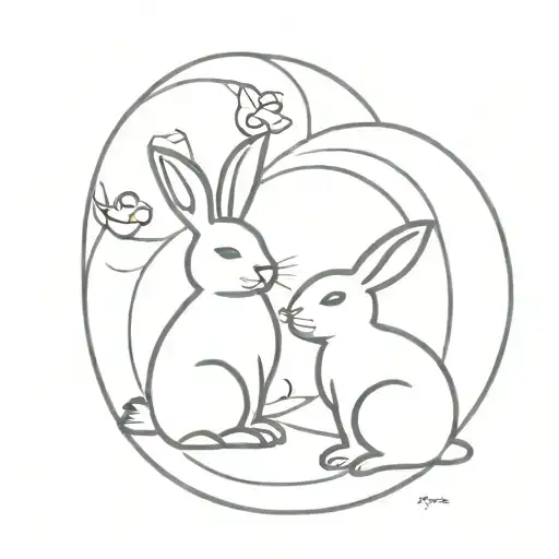 Two Cute Rabbits And Half Moon