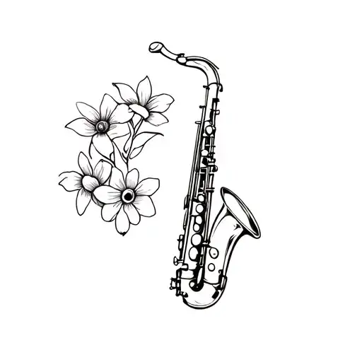 Saxophone Fine Line With Flowers