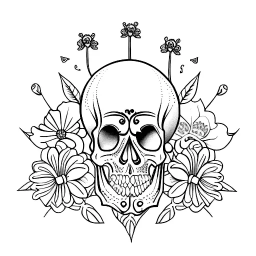 A Minimalist Tattoo Of A Skull With Flowers Growing Out Of It