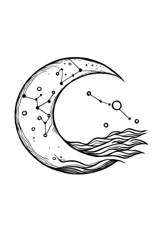 Cresent Moon With Water Waves And Cancer Constellation
