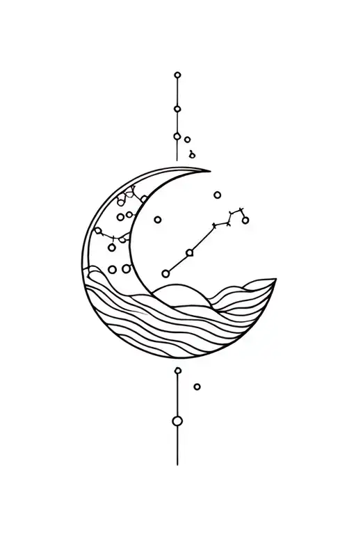 Crescent Moon With Waves And Cancer Constellation