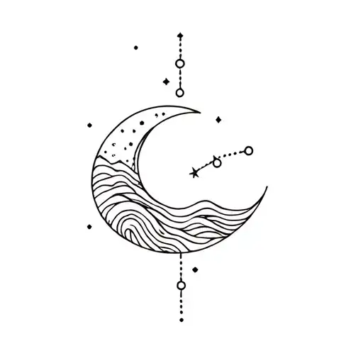 Crescent Moon With Waves And Cancer Constellation