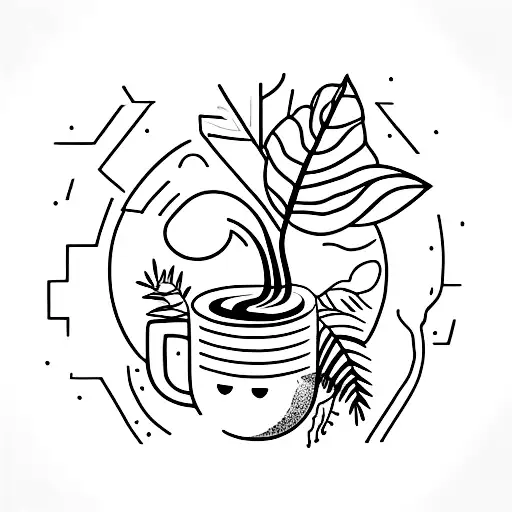 A Cat Curled Up Inside A Coffee Cup Surrounded By Indoor Plants