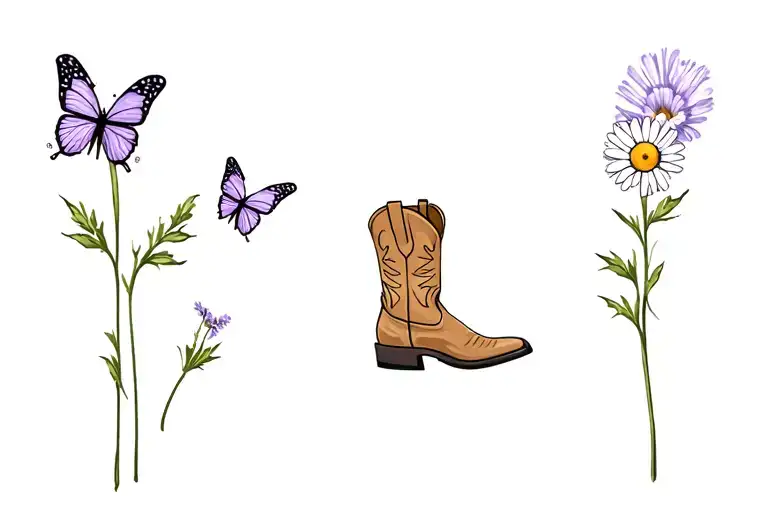 Tiny Dainty Lavender Butterfly With A Tan Cowboy Boot And A Daisy