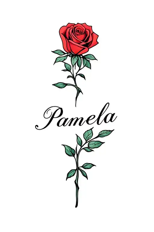 Rose Tattoo With The Stem Shaped In The Heart Spilling The Word Pamela In Cursive Writing