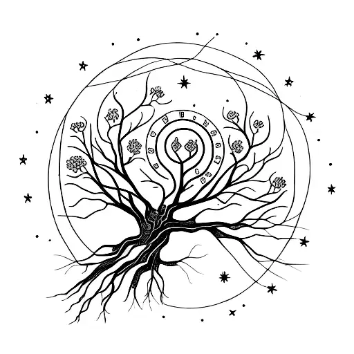 A Celestial Tree With Intricate Roots And Branches Representing The Universe