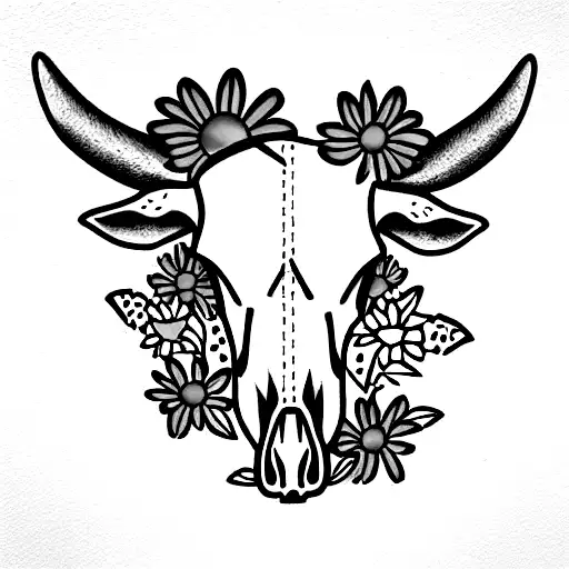 Cow Skull With Marigold Flowers