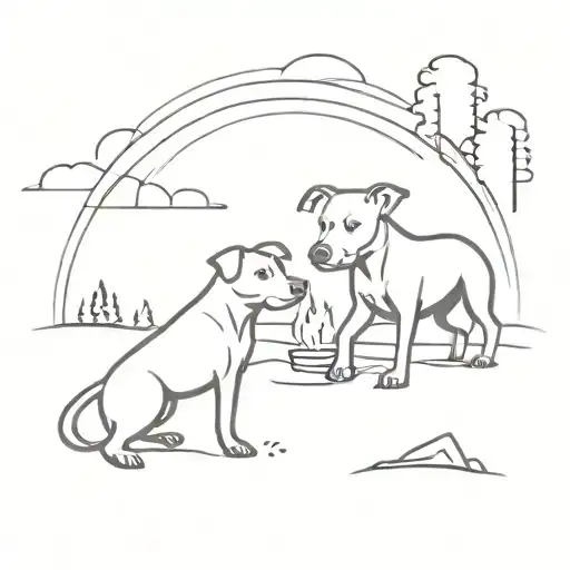 A Minimalist Design Of A Pitbull And Jack Russell Playing Together In A Campsite Setting