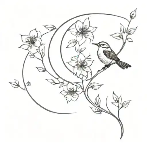 Flowering Vine And Bird And Moon