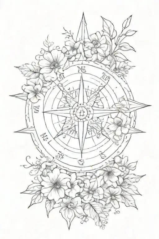 Compass Surrounded By Various Types Of Flowers