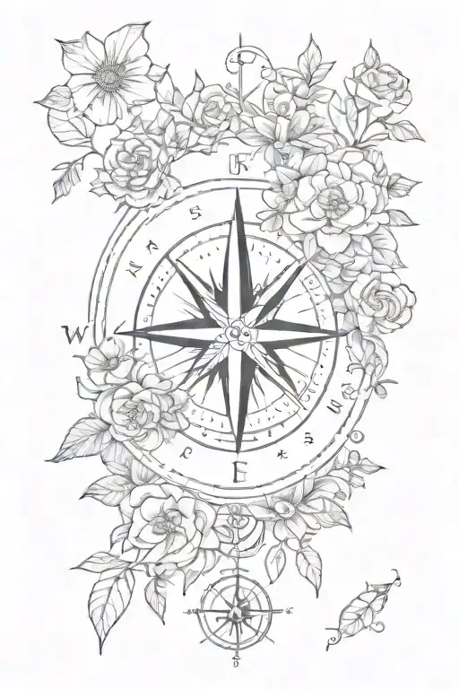 Compass Surrounded By Various Types Of Flowers
