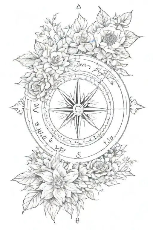 Compass Surrounded By Various Types Of Flowers