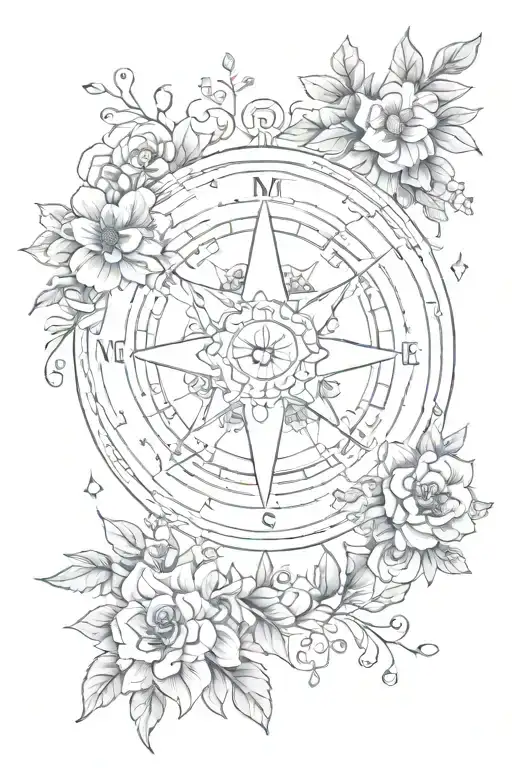 Compass Surrounded By Various Types Of Flowers Intertwined