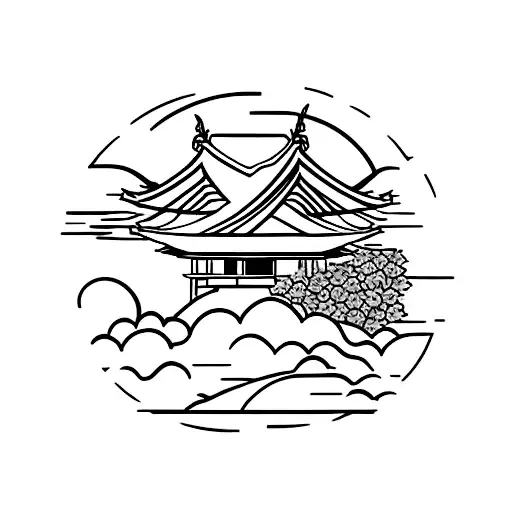 Japanese Pagoda Over A Red Moon And Clouds In Japanese Style In Front