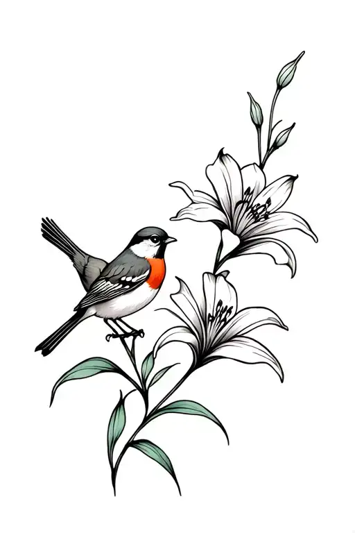 Sparrow And Lily Flower Tattoo