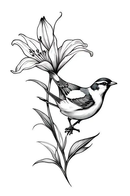 Sparrow And Lily Flower Tattoo
