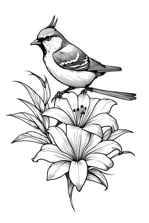 Sparrow And Lily Flower Tattoo