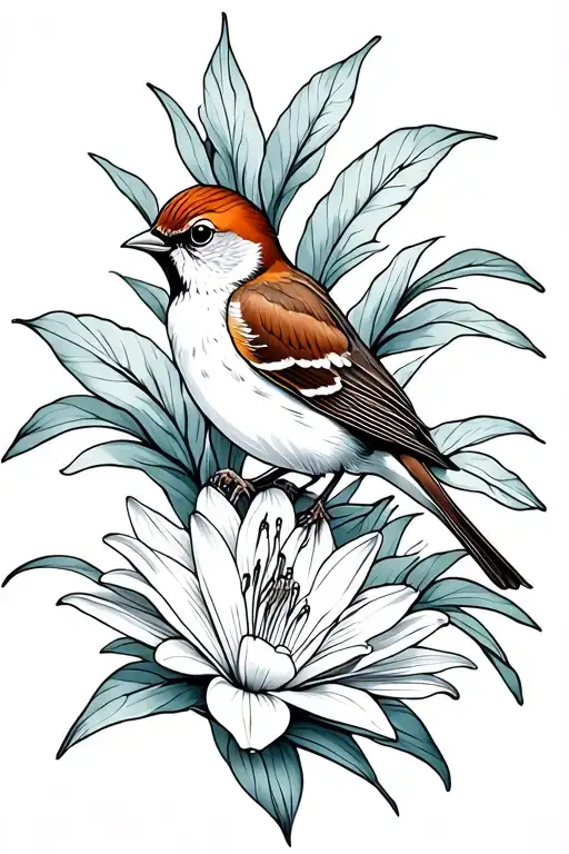 Sparrow Sitting On Lily Flower Tattoo