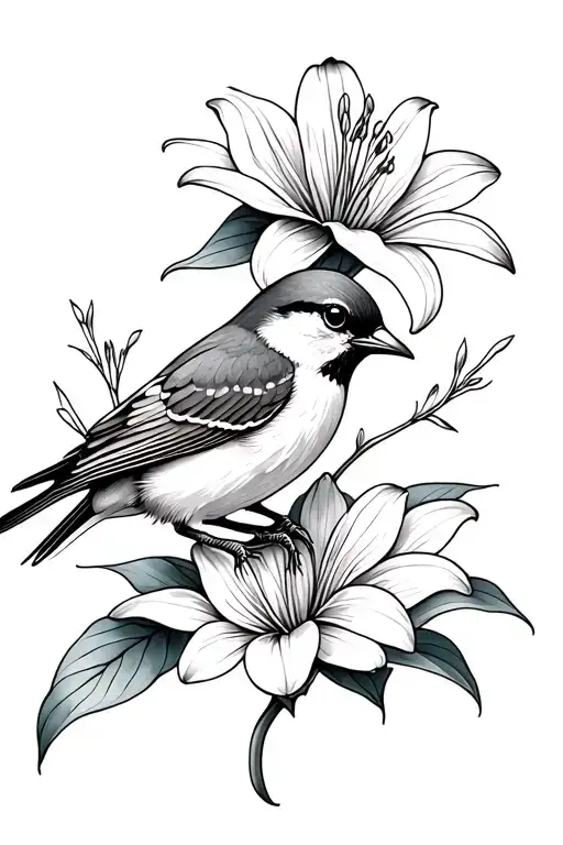 Sparrow Sitting On Lily Flower Tattoo