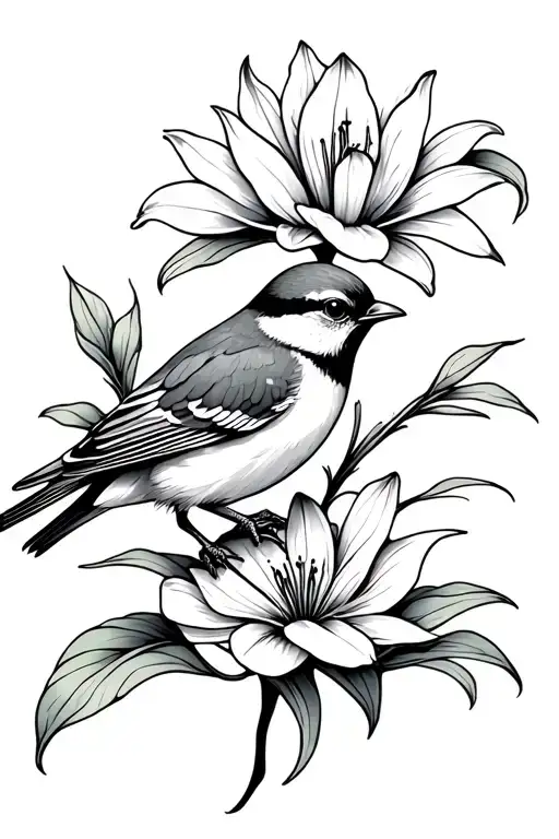 Sparrow Sitting On Lily Flower Tattoo