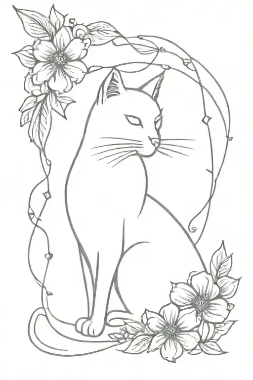 Cat And Flowers Intertwined