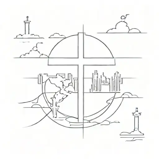 A Minimalist Tattoo Of A Holy Cross With The Outline Of Different World Landmarks Within It
