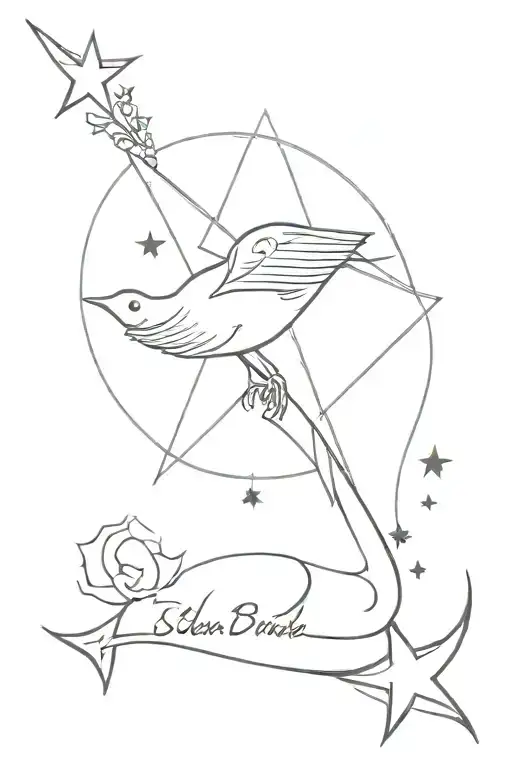 Star And Bird With Name Tattoo Sleeve