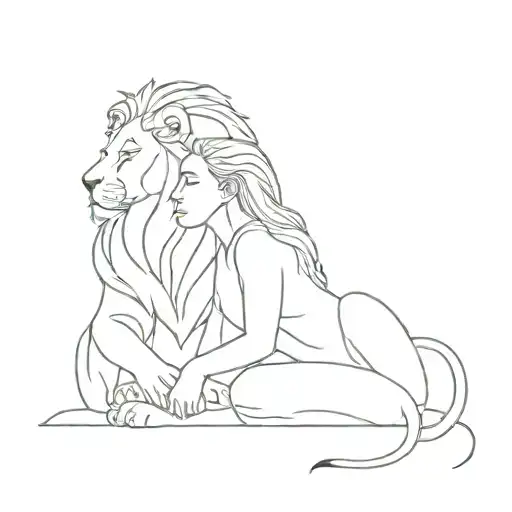 Lion Father And Lioness Girl Sitting With Him