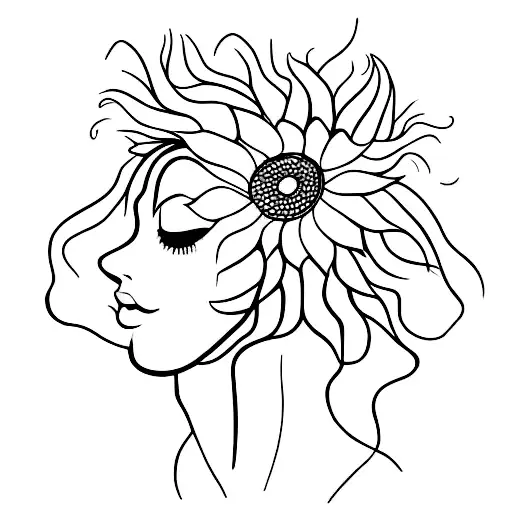 Woman Head Out Of One Line And On The Top Grows A Sunflower